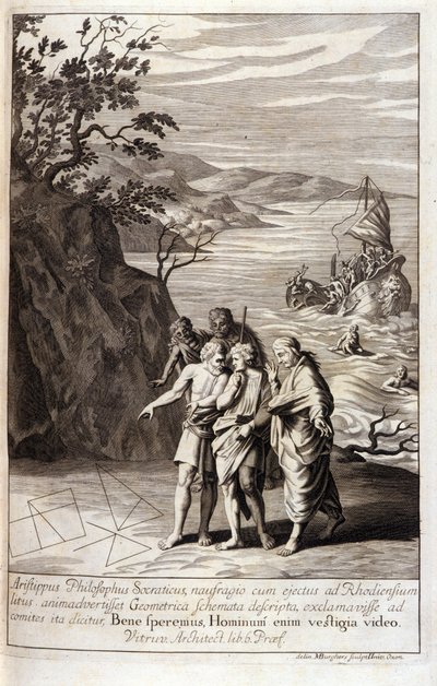 Representação de Aristipus de Cirene (435-356 AC) Filósofo grego discípulo de Sócrates, após o naufrágio que o atirou para a costa de Rodes, descobre traços geométricos na areia. Gravura do Livro XV dos "Elementos" de Euclides. 1591 de Unknown artist