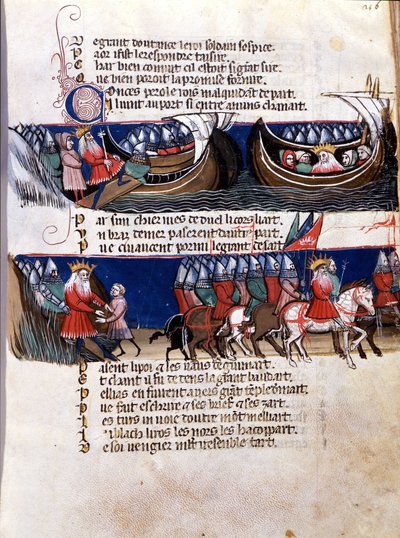 Representação de Carlos Magno (742-814) durante suas conquistas: ele navega em um navio e para baixo guia seus exércitos. Miniatura do manuscrito franco-italiano "Entreée d