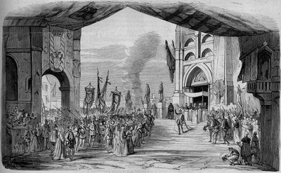 Representação de Don Carlo (Don Carlos) Opera em 5 atos de Giuseppe Verdi na Ópera de Paris em 11 de março de 1867. O carro da fe, 3º ato, decoração de Cambon e Thierry. Gravura a partir de 1867. de Unknown artist