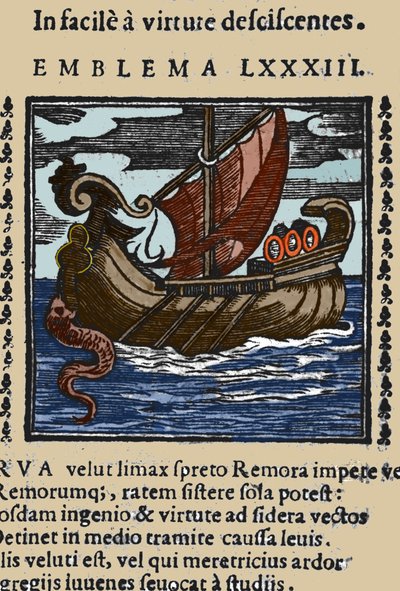 Representação de uma lembrança que, segundo as histórias de Plínio, Santo Ambrósio e Rabelais atacou os navios, prendendo a cauda com uma ventosa a uma rocha e bloqueando o navio com a boca. Gravura de uma obra do século XVII de Unknown artist
