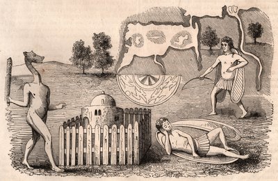 Representação de tribos e espécies animais medievais: homens com orelhas compridas, um adormecido e uma quimera com uma maça de Unknown