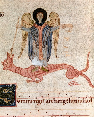 Representação do Arcanjo São Miguel e do dragão Miniatura de um anti-fonário gradual (ms. 65) Plaisance do século XII, Biblioteca Capitolare de Unknown artist