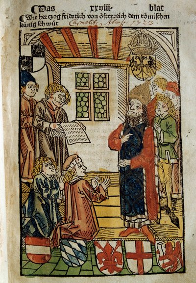 Representação do Conselho de Constança (1414-1418), convocado pelo Imperador Sigismundo I e Antipope João XXIII. Ele pôs um fim ao Grande Cisma do Ocidente. Miniatura de 1414. Paris. Biblioteca polonesa. de Unknown artist