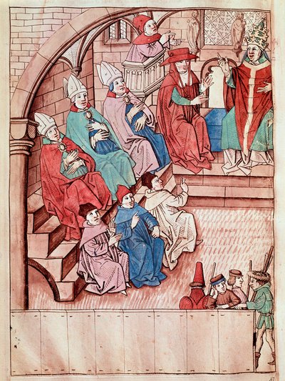 Representação do Concílio de Constança entre 1414 e 1418, no alto do Papa Martin V (Vista do Concílio de Constança, ca. 1417) Miniatura extraída de "Crônicas do Concílio de Constança" por Ulrich Richental (1360-1437) 1438 aproximadamente Praga, Nati de Unknown artist
