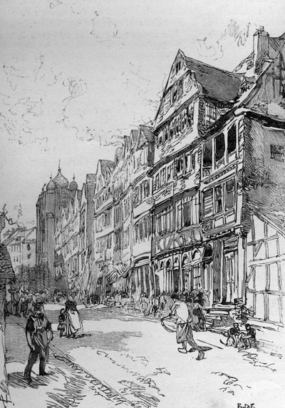 Representação da rua judaica em Frankfurt, local de nascimento da família Rothschild. Gravura no "The Illustrous World" (O Mundo Ilustrado) de Unknown artist