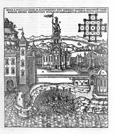 Representação das Sete Maravilhas da Antiguidade: o Mausoléu de Halicarnassus que estava localizado no Mar Egeu, no sudoeste da Turquia. Gravura em "de Architectura" de Vitruva (século I a.C.) - edição de Gottardo da Ponte, Come de Unknown artist