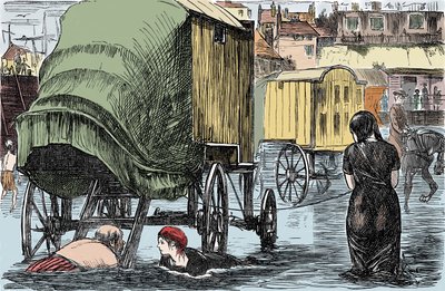 Representação da cabana de banho inventada em 1750 por Benjamine Beale: as mulheres dentro acedem ao mar directamente a partir desta carroça puxada por cavalos. Desenho humorístico da "Revista Punch" 1870 de Unknown artist