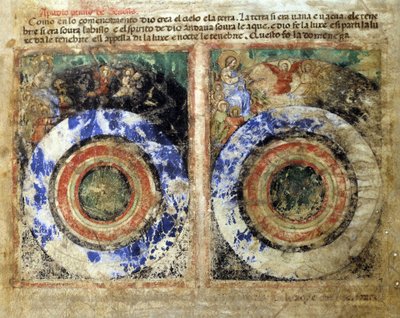 Representação da criação do mundo. Gênesis. Miniatura do códice 212 (ou códice padovano ou Bíblia de Pádua) 1390-1400 Rovigo, Accademia dei Concordi de Unknown artist