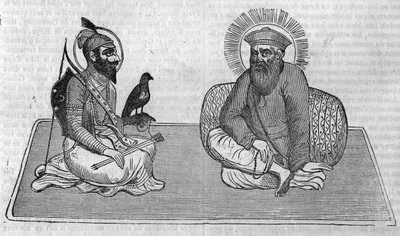 Representação dos fundadores do Sikhismo (ou religião Sikh): Guru Nanak (1469-1539) e Guru Gobind Singh (1666-1708). Em "Le magazin pitoresco" 1836 de Unknown artist