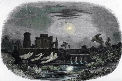 Representação dos fantasmas dos antigos senhores de Blandy les Tours, Seine e Marne (fantasmas que assombram o castelo de Blandy les Tours, Seine e Marne) Gravura de "Mysteres des vieux chateaux de France" de Unknown artist