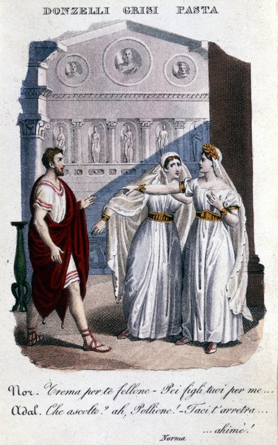 Representação dos intérpretes da primeira representação de "La Norma" de Vincenzo Bellini (1801 - 1835): da esquerda para a direita Domenico Donzelli (Pollione), Giuditta Grisi (Adalgisa) e Giuditta Pasta (Norma). 1833. de Unknown artist