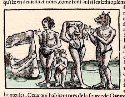 Representação dos monstros descritos por Amerigo Vespucci (1451-1512): da esquerda para a direita: um manópode, um ciclope, um homem com duas cabeças, um homem sem cabeça e um homem com cabeça de cão ou cynocephalus. Xilografia retirada do livro "Universal de Unknown artist