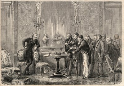 Representação da peça "Mercadet" (Le Faiseur) de Honore de Balzac (1799-1850) na Comedie Francaise. Acto III, Cena VI. Gravura em "L
