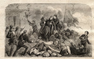 Revolução de 1848: "The Archeveque Monsenhor Denis Affre (1793-1848) on the Barricade Faubourg Saint Antoine in Paris 26/06/1848 (Do o mon dieu que mon sang soit le dernier verse) (Morte Denis Affre Arcebispo de Paris da barricada na entrada do t de Unknown artist