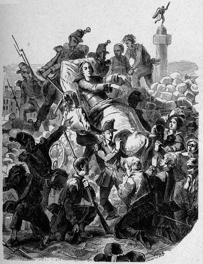 Revolução de 1848: "O arcebispo Denis Affre (1793-1848) fere-se e veste-se numa maca em 1848." de Unknown artist