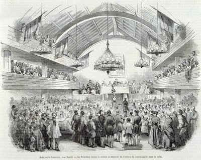 Revolução de 1848: A sala da Irmandade, rue Martel, o Presidente suspendeu a sessão à entrada do Comissário na sala. de Unknown artist