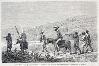 Richard Francis Burton, explorador britânico (1821-1890), e seus companheiros na África. Desenho ilustrando o artigo "Captain Burton