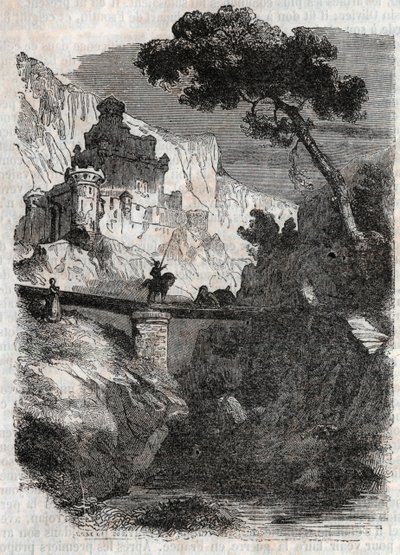 Rodomont derrotado por Bradamante - Gravura de 1851 de "Furious Roland" (Orlando furioso) (século XVI) de Ludovico Ariosto, conhecido como Ariosto - Edição traduzida do italiano pelo Conde de Tressan e publicada por Gustave Harvard 1851 de Unknown artist