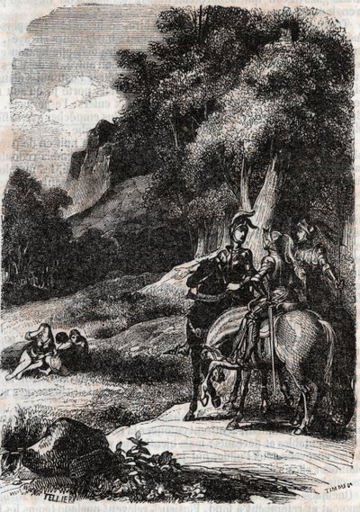 Roger (Ruggero, Ruggiero), Marphise (Marfisa) e as três mulheres - gravura de 1851 de "Roland furieux" (Orlando furioso) (século XVI) de Ludovico Ariosto, chamada Ariosto - Edição traduzida do italiano pelo Conde de Tressan e publicada por de Unknown artist