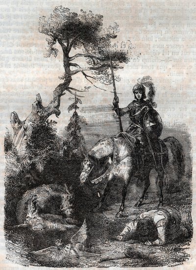 Roger (Ruggero, Ruggiero) faz uso do escudo encantador - gravura de 1851 de "Furious Roland" (Orlando furioso) (século XVI) de Ludovico Ariosto, conhecido como Ariosta - Edição traduzida do italiano pelo Conde de Tressan e publicada por de Unknown artist