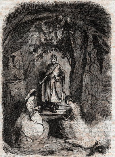 Roland vê Isabelle numa caverna - gravura de 1851 de "Furious Roland" (Orlando furioso) (século XVI) de Ludovico Ariosto, conhecido como Ariosta - Edição traduzida do italiano pelo Conde de Tressan e publicada por Gustave Harvard 1851 de Unknown artist