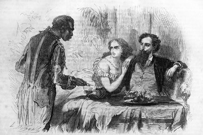Série romana: "Os Puritanos de Paris" de Paul Bocage (1824-1887). "O negro trouxe o cartão de visita a Robert." Gravação em "Les bons romances" de Unknown artist