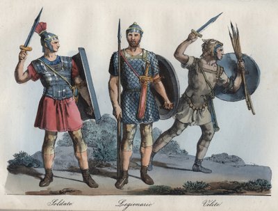 Soldado Romano - Legionário - Velites (infantaria ligeira) - gravura de "Usos e costumes de todos os povos do Universo". Ou melhor, a história do governo, das leis, das milícias, da religião de todas as nações desde os tempos mais remotos até aos nossos di de Unknown artist