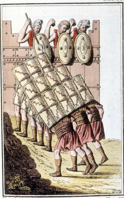 Soldados romanos (legião romana) manobrando e se defendendo com seus escudos. Gravura desde o início do século XIX de Unknown artist