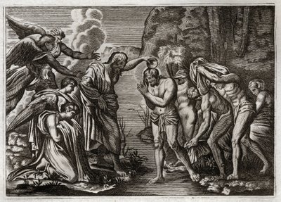 Bíblia de Royaumont, Novo Testamento: Baptismo de Jesus Cristo. São João Batista batizando Jesus Cristo nas águas do rio Jordão. Ilustração de 1811. de Unknown artist