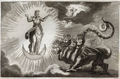 Bíblia de Royaumont, Novo Testamento: Bete do Apocalipse. São João vê uma besta monstruosa com sete cabeças e dez chifres e uma mulher grávida rodeada de luz, sob cujos pés está a lua e sobre sua cabeça uma coroa de doze estrelas. Ilustração de 1811. de Unknown artist