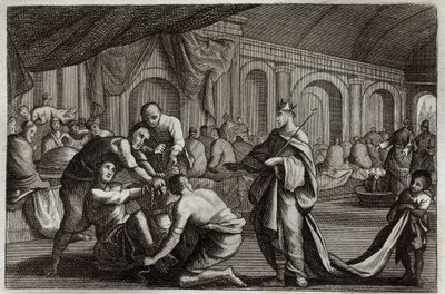 Bíblia de Royaumont, Novo Testamento: Vestido de noiva. Parábola de um rei que fez o casamento de seu filho, da qual ele rejeitou um homem que não tinha o vestido de noiva. Ilustração de 1811. de Unknown artist
