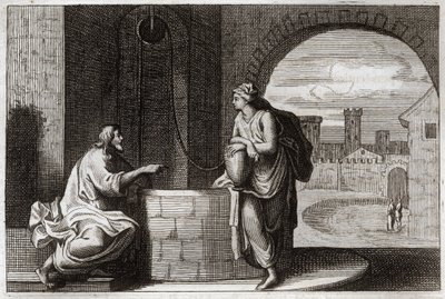 Bíblia de Royaumont, Novo Testamento: Cristo e Samaritano no Poço. Jesus Cristo converte uma mulher samaritana. Ilustração de 1811. de Unknown artist