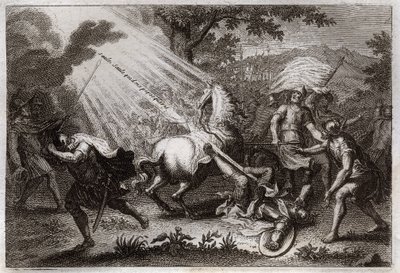 Bíblia de Royaumont, Novo Testamento: Conversão de S. Paulo a caminho de Damasco. Ele ouve a voz de Jesus Cristo que lhe diz "Salgueiro, Salgueiro, que me persegue" (Saulo, Saulo, por que me persegues?) e um cavalo cai. Ilustração de 1811. de Unknown artist