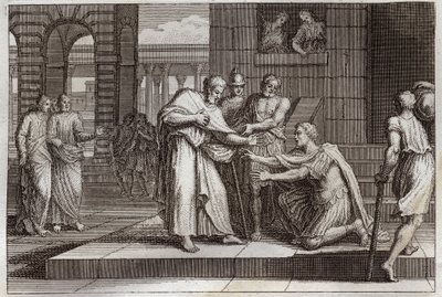 Bíblia de Royaumont, Novo Testamento: Cornelius baptiza. Coroar o centurião recebe a fé de Jesus Cristo, e é batizado por São Pedro. Ilustração de 1811. de Unknown artist