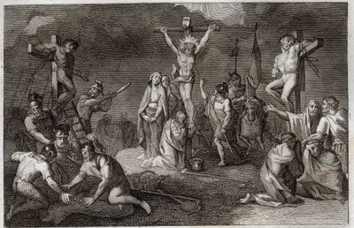 Bíblia de Royaumont, Novo Testamento: Crucificação de Jesus Cristo. A Virgem Maria, Santa Maria Madalena e São João aos pés da cruz, São Longino Centurião (São Longino) com a sua lança, soldados tocando a túnica de Cristo. Nos lados, repr de Unknown artist