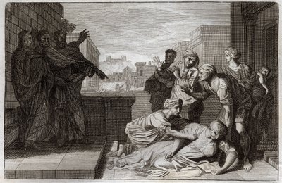 Bíblia de Royaumont, Novo Testamento: Morte de Anania e de sua esposa Saphire antes de São Pedro e São João. Ilustração de 1811. de Unknown artist
