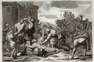 Bíblia de Royaumont, Novo Testamento: Morte de Santo Estêvão, primeiro mártir cristão, por apedrejamento. Ilustração de 1811. de Unknown artist