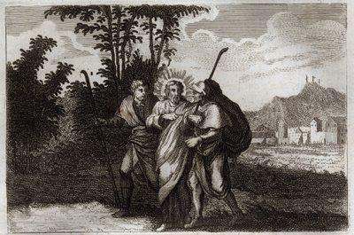 Bíblia de Royaumont, Novo Testamento: Discípulos de Emaús. Os dois discípulos de Emaús) encontra o Cristo ressuscitado. Ilustração de 1811. de Unknown artist