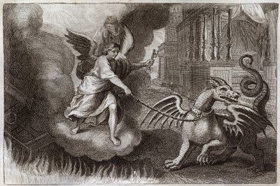 Bíblia de Royaumont, Novo Testamento: Correntes de Dragões. O Dragão do Apocalipse, símbolo do Diabo, é acorrentado por um Anjo segurando a chave do abime. Ilustração de 1811. de Unknown artist