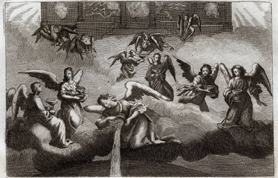 Bíblia de Royaumont, Novo Testamento: Dragão do Apocalipse. Sete Anjos derramam o conteúdo do seu cálice, símbolo da ira de Deus, sobre a terra. Ilustração de 1811. de Unknown artist