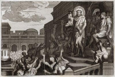 Bíblia de Royaumont, Novo Testamento: Ecce homo. Pôncio Pilatos (Pôncio Pilatos) apresenta Jesus Cristo com espinhos à multidão dizendo: "Aqui está o Homem". Ilustração de 1811. de Unknown artist