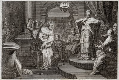 Bíblia de Royaumont, Novo Testamento: Jesus Cristo perante Caifus e Anan (Hanan ou Anne ou Hanne). Ilustração de 1811. de Unknown artist
