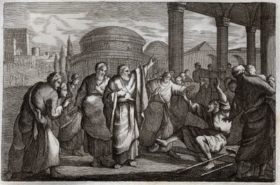 Bíblia de Royaumont, Novo Testamento: Lame gueri. São Paulo guerreia um coxo e prende um povo que queria sacrificar-se a ele como a um Deus. Ilustração de 1811. de Unknown artist