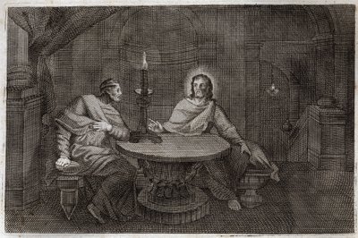 Bíblia de Royaumont, Novo Testamento: Nicodema vem para encontrar Jesus Cristo à noite. Ilustração de 1811. de Unknown artist