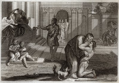 Bíblia de Royaumont, Novo Testamento: Parábola da Criança Prodigal. O filho volta para casa depois de ter saído e perdido todos os seus bens. Ele vem para pedir perdão ao pai. Ilustração de 1811. de Unknown artist