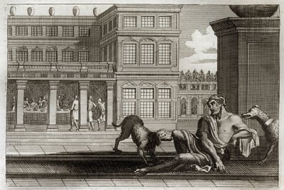 Bíblia de Royaumont, Novo Testamento: Parábola dos ricos maus representa à mesa nas costas e Lázaro, o mendigo, cujos cães dos ricos lambem as feridas. Ilustração de 1811. de Unknown artist