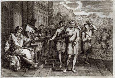 Bíblia de Royaumont, Novo Testamento: Parábola dos trabalhadores da videira ou parábola dos trabalhadores da décima primeira hora. Obreiros que o Pai da família envia para trabalhar na sua vinha. Ilustração de 1811. de Unknown artist