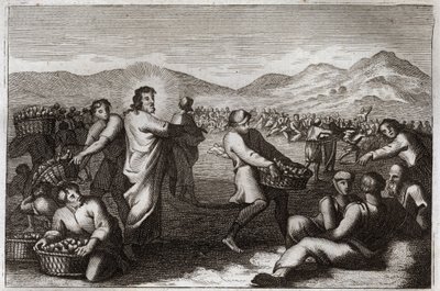 Bíblia de Royaumont, Novo Testamento: Propagação de pães. Jesus Cristo multiplica cinco pães, e alimenta cinco mil homens. Ilustração de 1811. de Unknown artist