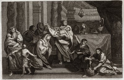 Bíblia de Royaumont, Novo Testamento: Purificação da Virgem ou apresentação no Templo. A Sagrada Família oferece Jesus Cristo ao Templo e entrega-o a Symeon (ou Simeão ou Simão). Uma mulher segura duas pombas em uma cesta. Ilustração de 1811. de Unknown artist