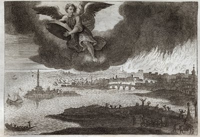 Bíblia de Royaumont, Novo Testamento: Ruína da Babilónia. Babilônia em chamas, um anjo atira uma pedra ao mar, simbolizando a destruição desta cidade durante o Apocalipse. Ilustração de 1811. de Unknown artist